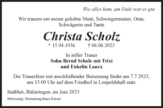 Traueranzeige von Christa Scholz von Volksstimme Staßfurt