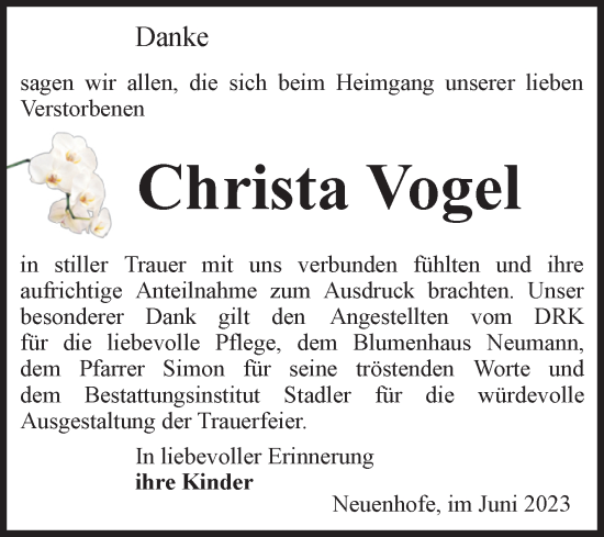 Traueranzeige von Christa Vogel von Volksstimme Haldensleben/Wolmirstedt