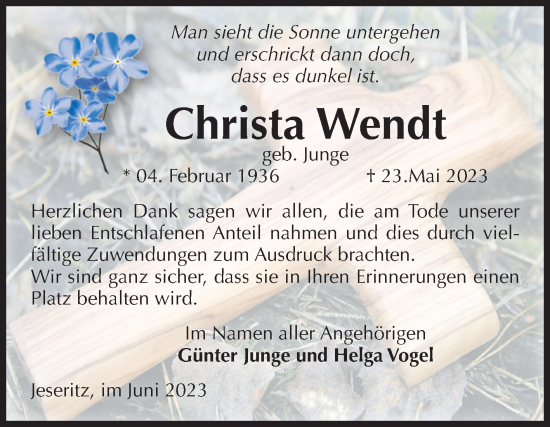 Traueranzeige von Christa Wendt von Volksstimme Altmark West