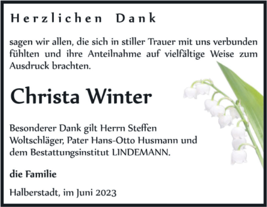 Traueranzeige von Christa Winter von Volksstimme Halberstadt