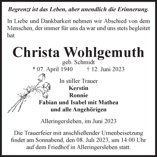Traueranzeige von Christa Wohlgemuth von Volksstimme Haldensleben/Wolmirstedt