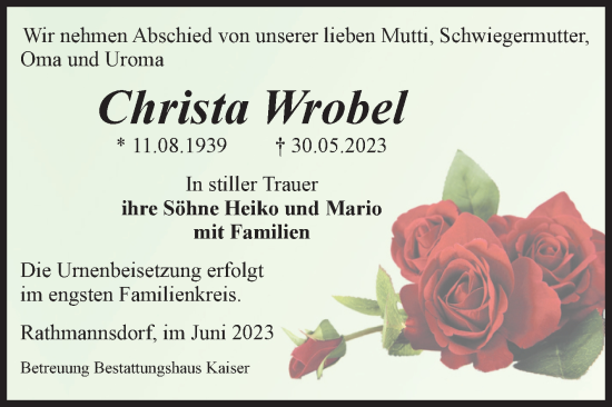 Traueranzeige von Christa Wrobel von Volksstimme Staßfurt