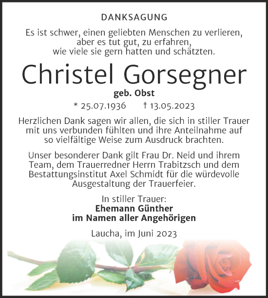 Traueranzeige von Christel Gorsegner von Naumburger Tageblatt