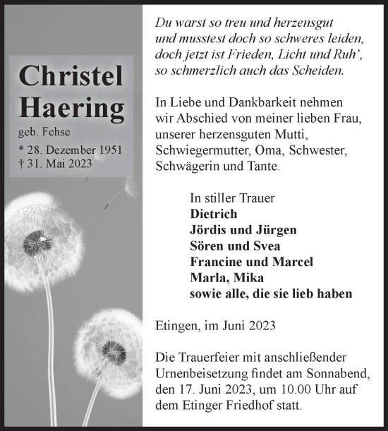 Traueranzeige von Christel Haering von Volksstimme Haldensleben/Wolmirstedt