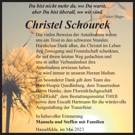 Traueranzeige von Christel Schourek von Volksstimme Wernigerode