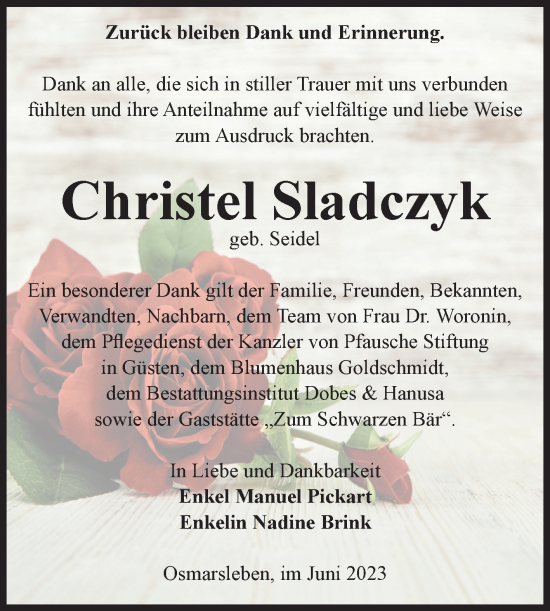 Traueranzeige von Christel Sladczyk 