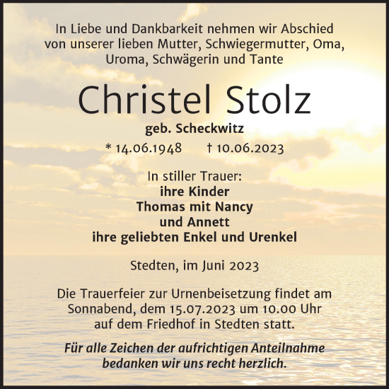 Traueranzeige von Christel Stolz von Trauerkombi Mansfelder Land