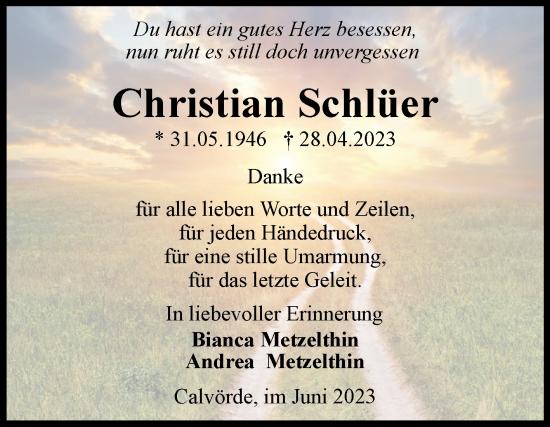 Traueranzeige von Christian Schlüer von Volksstimme Haldensleben/Wolmirstedt