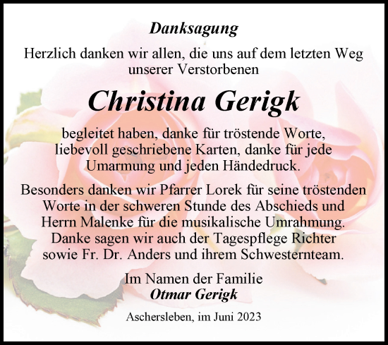 Traueranzeige von Christina Gerigk von Trauerkombi Aschersleben