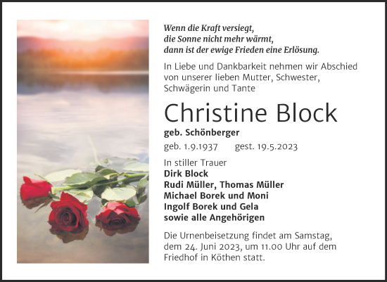 Traueranzeige von Christine Block von Trauerkombi Köthen