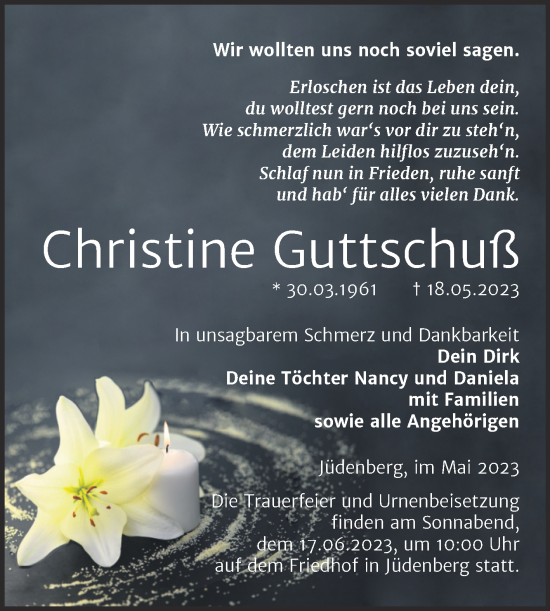 Traueranzeige von Christine Guttschuß von Trauerkombi Wittenberg