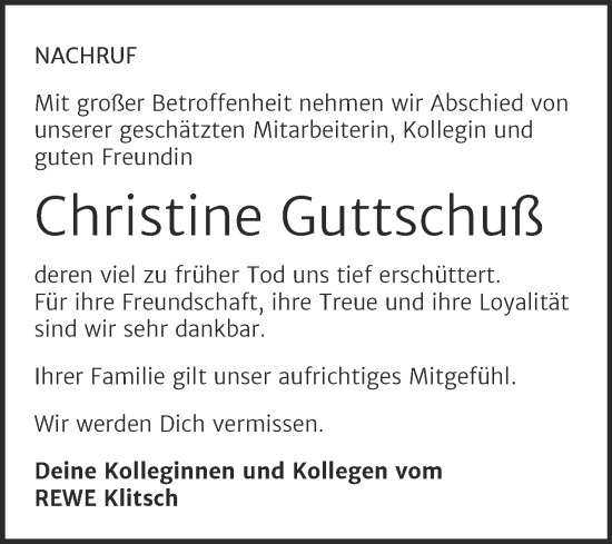 Traueranzeige von Christine Guttschuß von Super Sonntag Wittenberg
