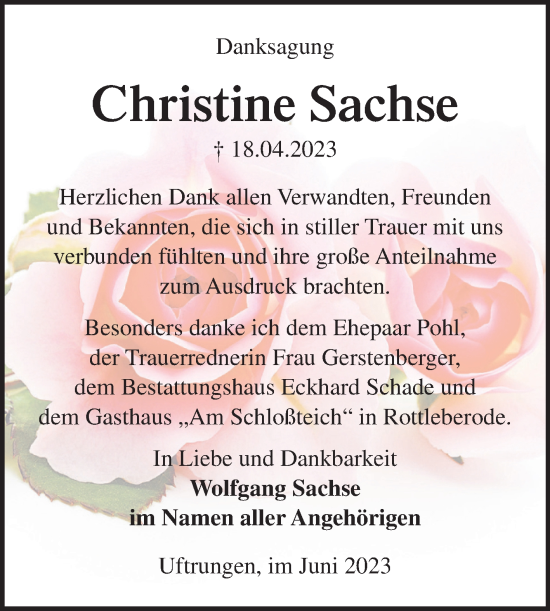 Traueranzeige von Christine Sachse von Trauerkombi Sangerhausen