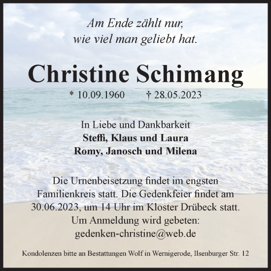 Traueranzeige von Christine Schimang von Volksstimme Wernigerode