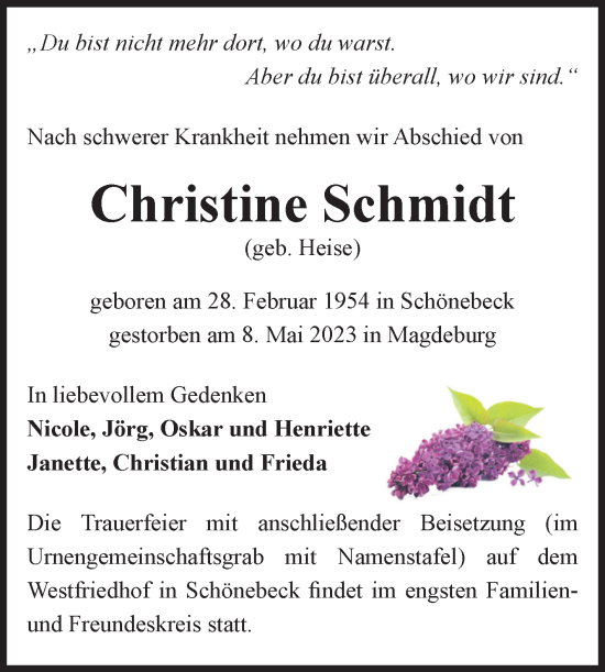 Traueranzeige von Christine Schmidt von Volksstimme Schönebeck