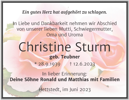 Traueranzeige von Christine Sturm von Trauerkombi Mansfelder Land