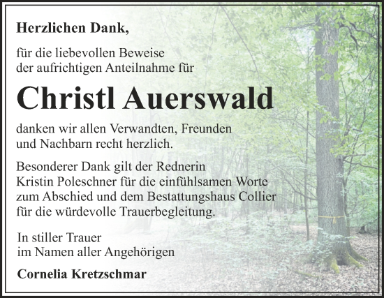 Traueranzeige von Christl Auerswald von Trauerkombi Dessau