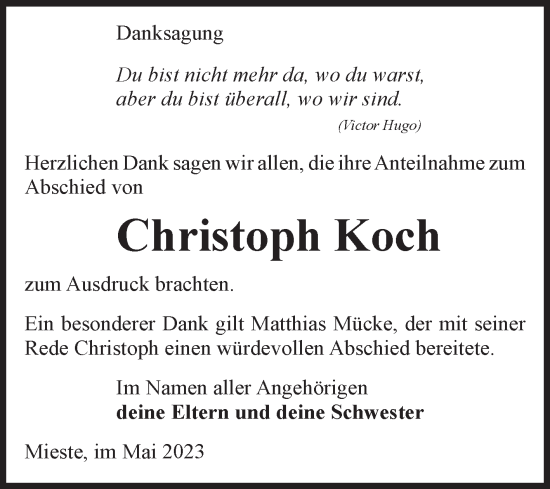 Traueranzeige von Christoph Koch von Volksstimme Altmark West