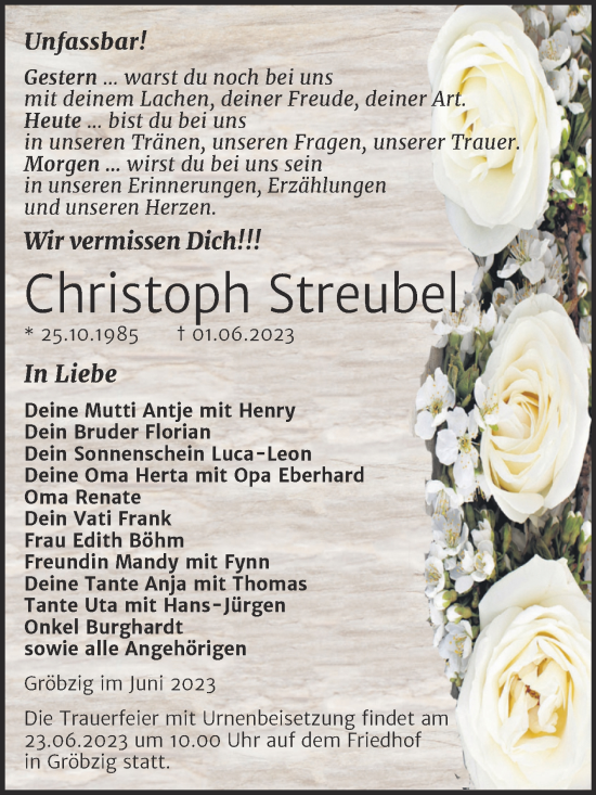 Traueranzeige von Christoph Streubel von Trauerkombi Köthen