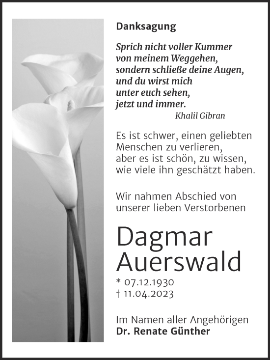 Traueranzeige von Dagmar Auerswald von Trauerkombi Weißenfels