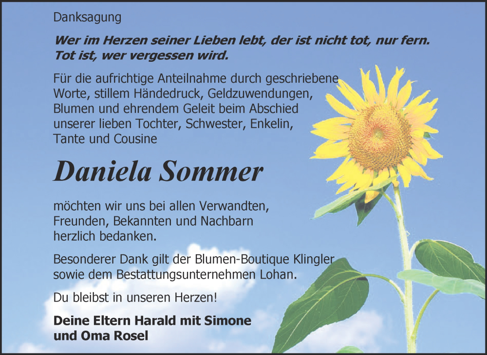  Traueranzeige für Daniela Sommer vom 03.06.2023 aus Trauerkombi Bitterfeld