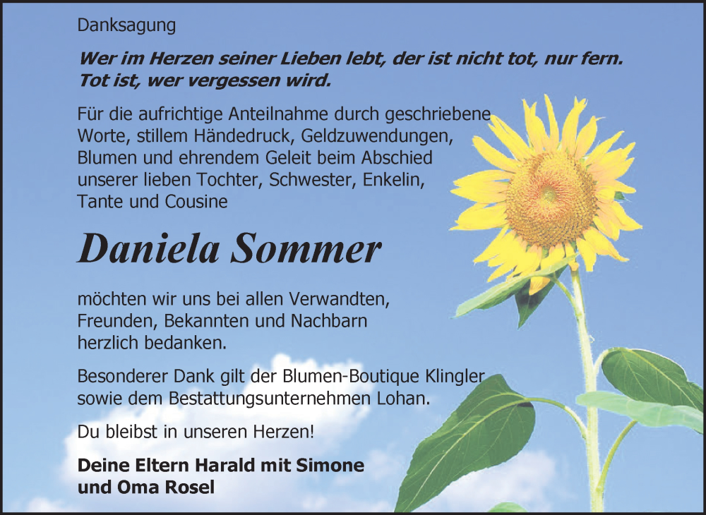  Traueranzeige für Daniela Sommer vom 07.06.2023 aus Trauerkombi Bitterfeld