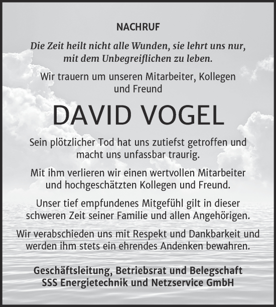 Traueranzeige von David Vogel von Mitteldeutsche Zeitung Bitterfeld