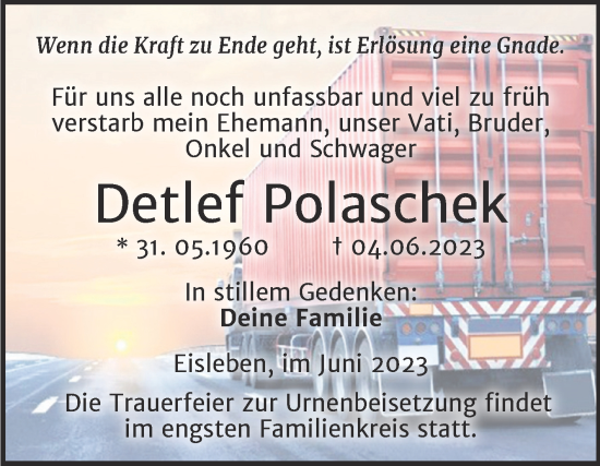 Traueranzeige von Detlef Polaschek von Trauerkombi Mansfelder Land