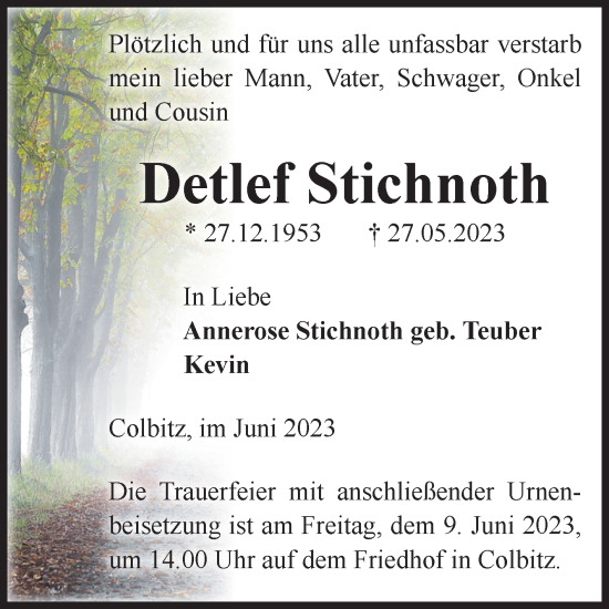 Traueranzeige von Detlef Stichnoth von Volksstimme Haldensleben/Wolmirstedt