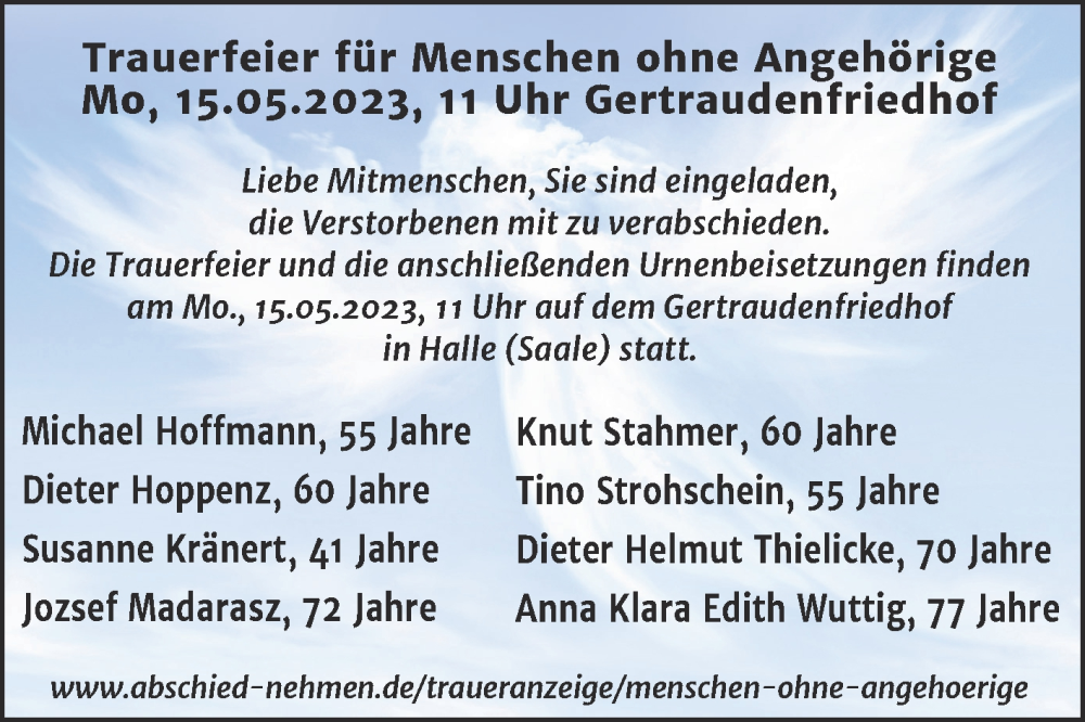  Traueranzeige für Menschen ohne Angehörige  vom 13.05.2023 aus Mitteldeutsche Zeitung Halle/Saalkreis