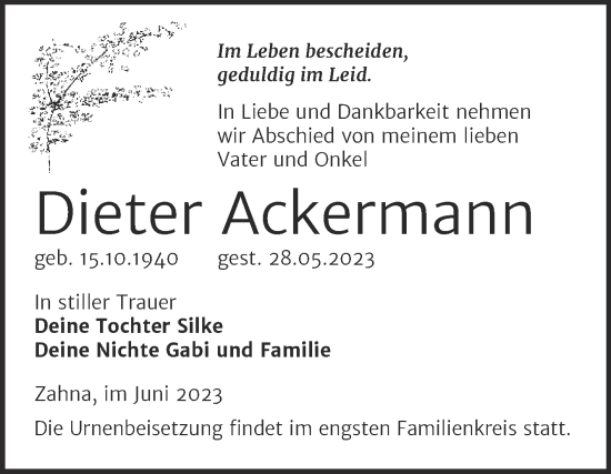 Traueranzeige von Dieter Ackermann von Trauerkombi Wittenberg