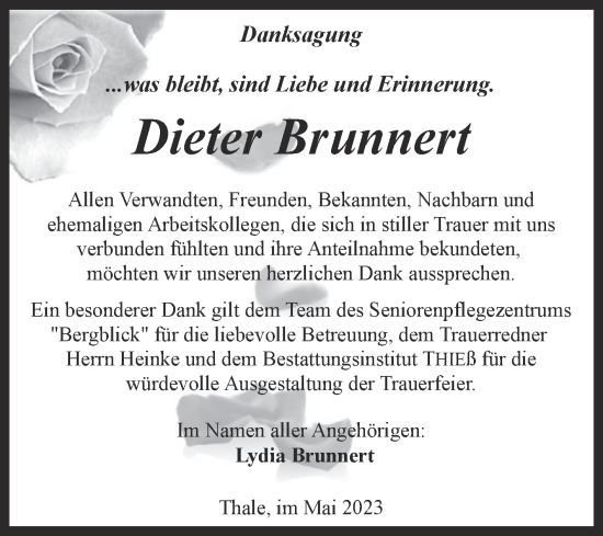 Traueranzeige von Dieter Brunnert von Trauerkombi Quedlinburg