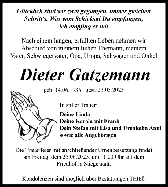 Traueranzeige von Dieter Gatzemann von Volksstimme Wernigerode