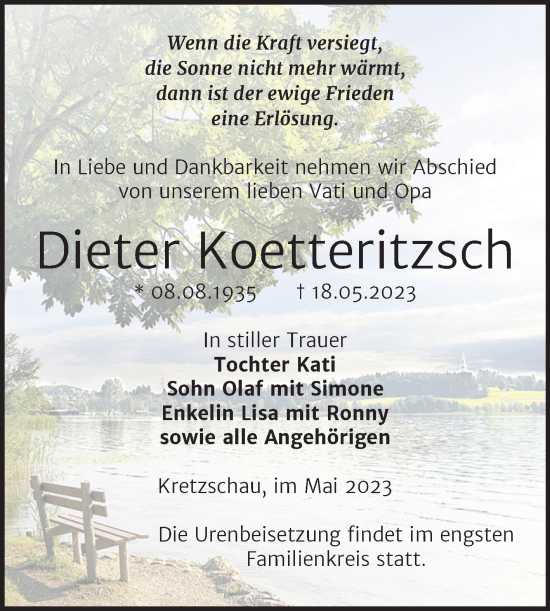 Traueranzeige von Dieter Koetteritzsch von Trauerkombi Zeitz