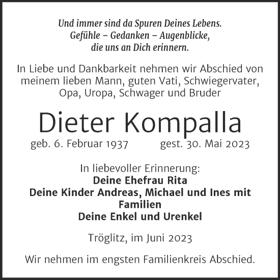 Traueranzeige von Dieter Kompalla von Trauerkombi Zeitz
