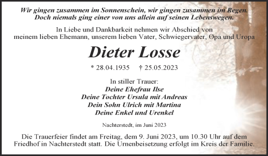 Traueranzeige von Dieter Losse von Trauerkombi Aschersleben