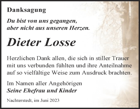Traueranzeige von Dieter Losse von Trauerkombi Aschersleben