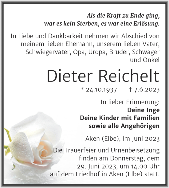 Traueranzeige von Dieter Reichelt von Trauerkombi Köthen