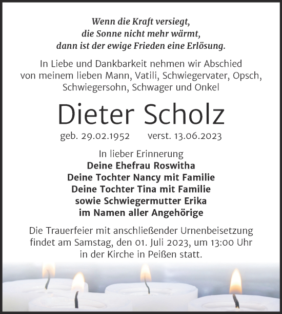 Traueranzeige von Dieter Scholz von Mitteldeutsche Zeitung Halle/Saalkreis