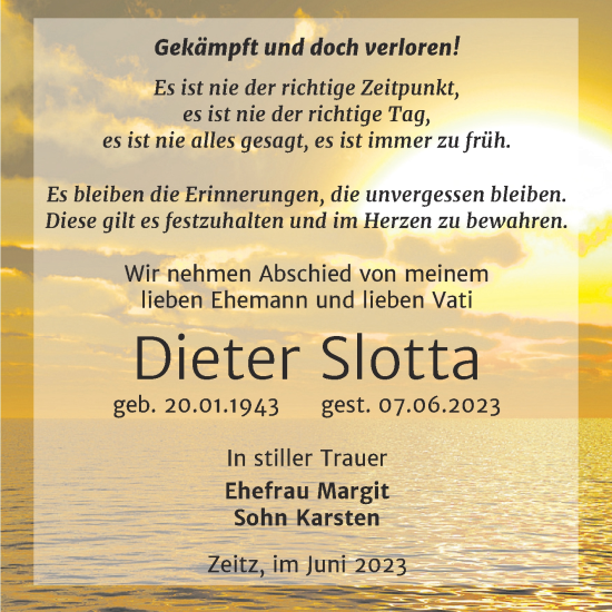 Traueranzeige von Dieter Slotta von Trauerkombi Zeitz