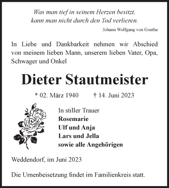 Traueranzeige von Dieter Stautmeister von Volksstimme Altmark West
