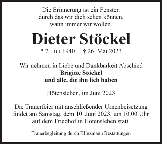 Traueranzeige von Dieter Stöckel von Volksstimme Oschersleben/Wanzleben