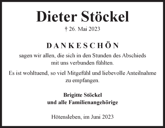Traueranzeige von Dieter Stöckel von Volksstimme Oschersleben/Wanzleben