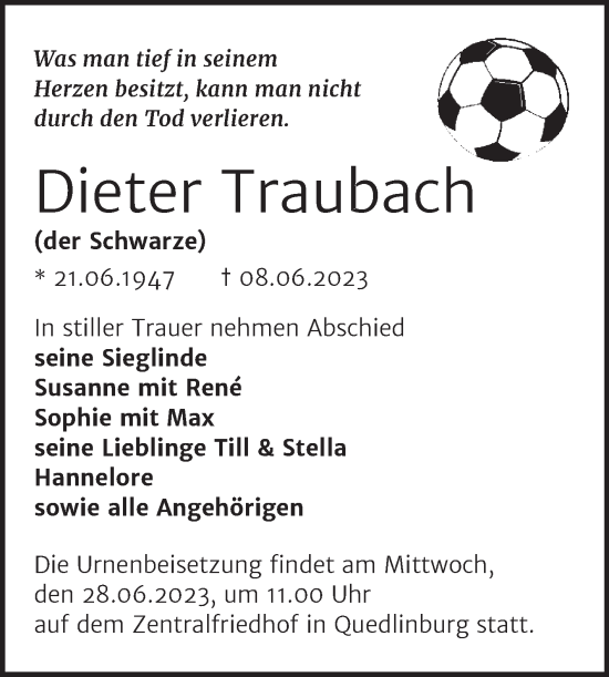 Traueranzeige von Dieter Traubach von Trauerkombi Quedlinburg