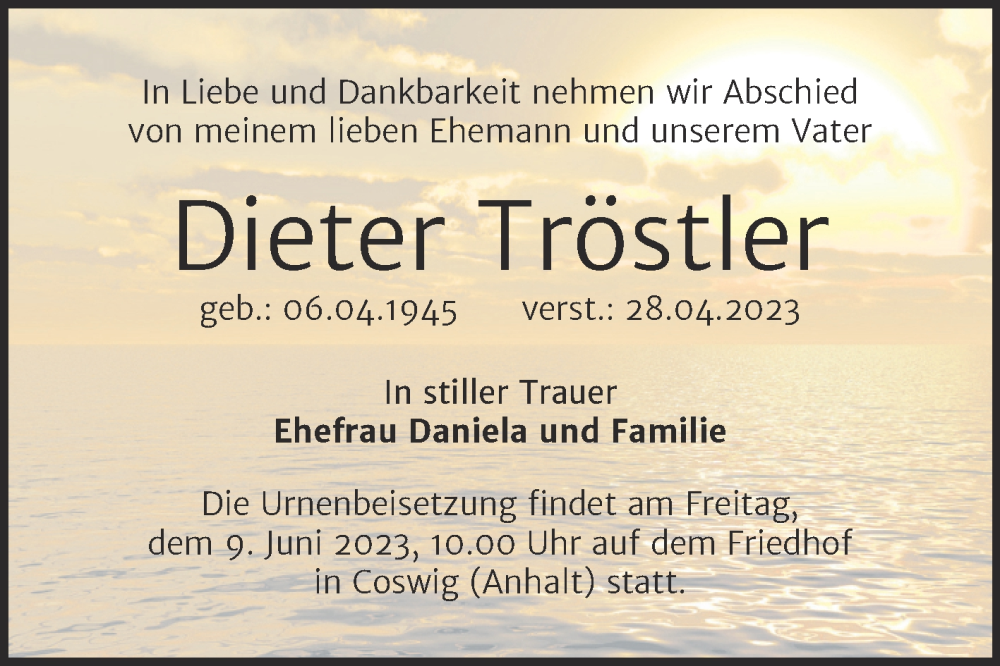  Traueranzeige für Dieter Tröstler vom 03.06.2023 aus Trauerkombi Dessau