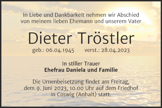 Traueranzeige von Dieter Tröstler von Trauerkombi Dessau