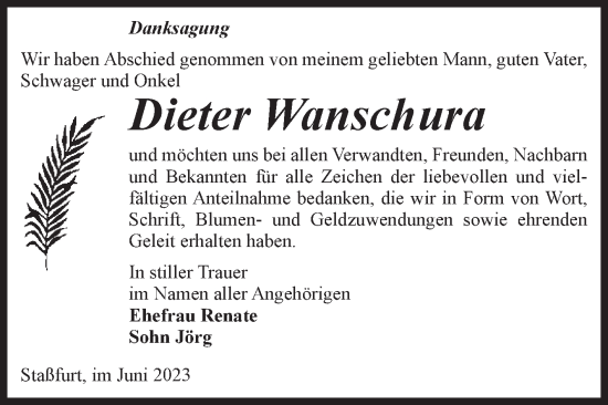 Traueranzeige von Dieter Wanschura von Volksstimme Staßfurt
