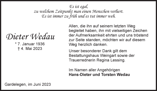 Traueranzeige von Dieter Wedau von Volksstimme Altmark West