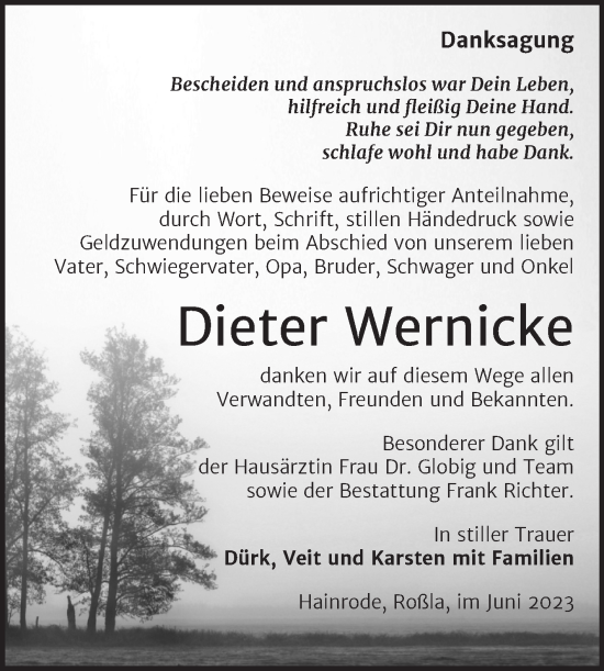 Traueranzeige von Dieter Wernicke von Trauerkombi Sangerhausen