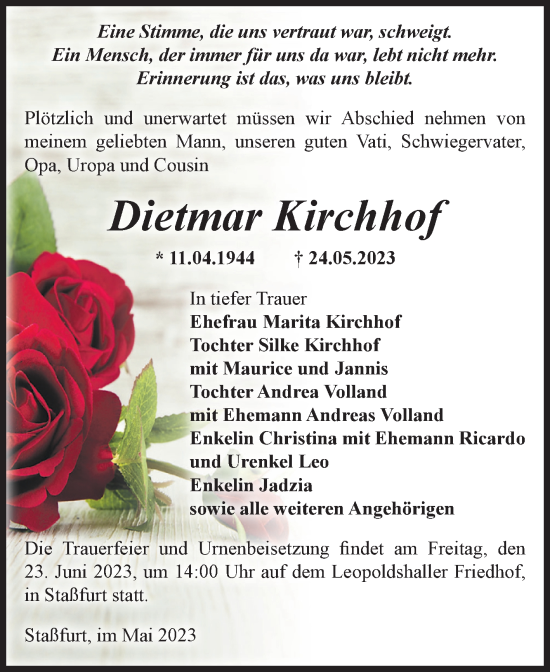 Traueranzeige von Dietmar Kirchhof von Volksstimme Staßfurt